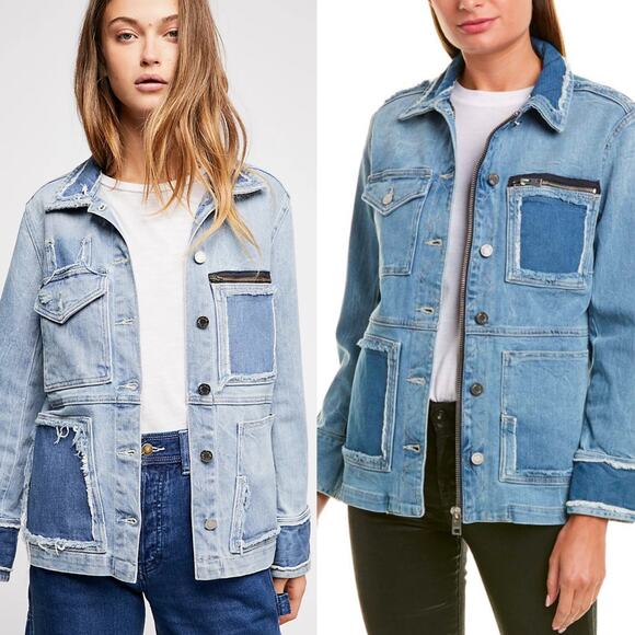 Zadig & Voltaire Kick Destroy Distressed Pocket Patchwork Blue Jean Denim Jacket - Picture 2 of 11